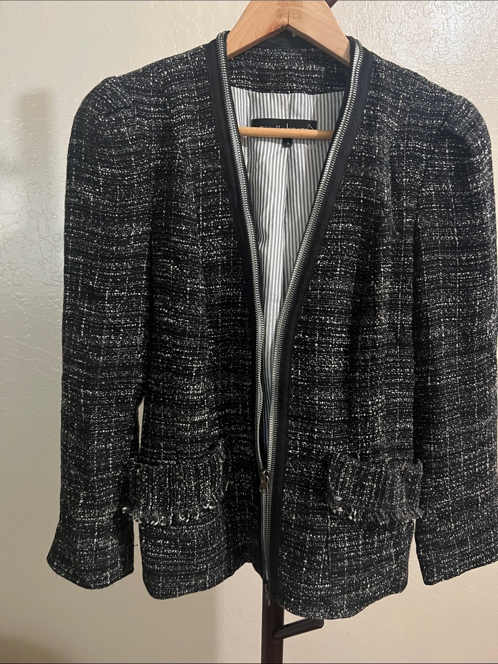 Nanette Lepore Black Tweed Zip-Front Blazer with Metallic Thread